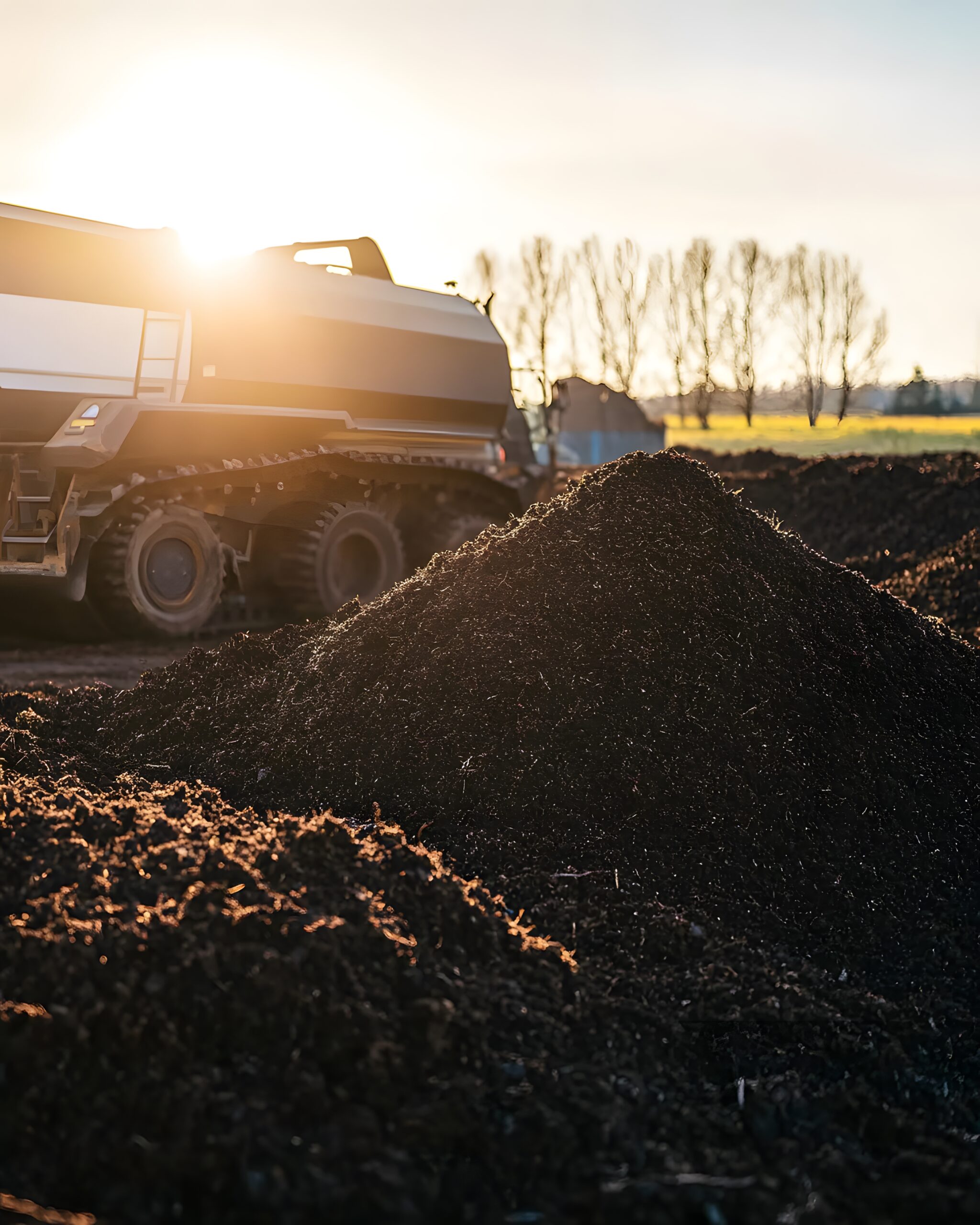 Excavator bucket dropping dirt into an open trench.